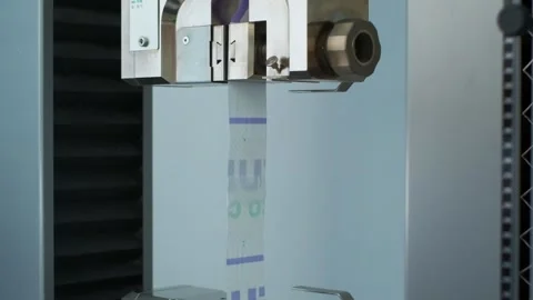 Polymer tape is installed to strength test machine in slow motion Stock Footage 202062196