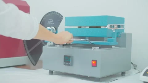 Polymer thread for plastic sack bags is installed to strength test machine Stock Footage 202074511