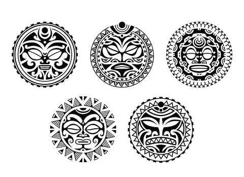 Polynesian Maori Tribal Faces Tattoo Set Circular Sun Mask Collection Illustrazione stock