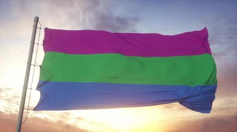 Polysexuality pride flag waving in the wind, sky and sun background. 3d rende 스톡 일러스트