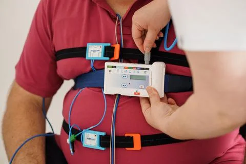 Polysomnography Setup: Technician Applying Sensor to Patient's Chest, Monit.. Foto stock