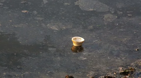 Polystyrene instant food container garbage floating in oily river water Stock Footage 49039432