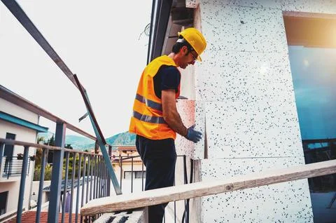 Polystyrene thermal cladding for energy saving on a construction site Stock Photos