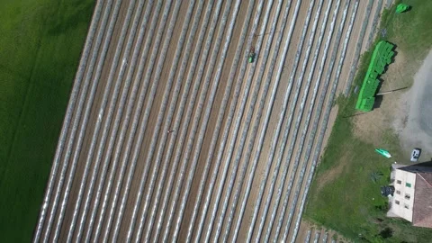 Polytunnel Rows Turning in Frame beside Rural Farmhouse, Top Down, Po Valley Stock Footage 348072048