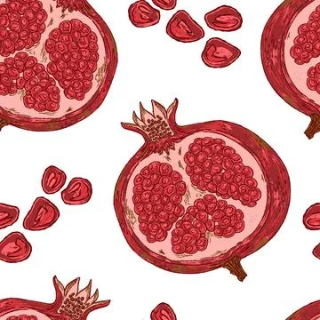 Pomegranate and Grains. Seamless Pattern. This vintage illustration is hand-d Stock Illustration