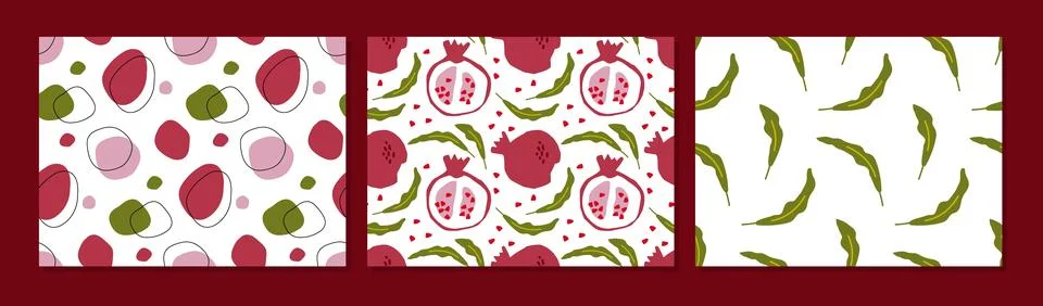 Pomegranate background collection. Three pattern fruit set. Abstract Seamless Illustrazione stock