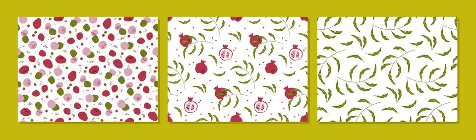 Pomegranate backgrounds. Three pattern fruit collection. Abstract Seamless Stock Illustration