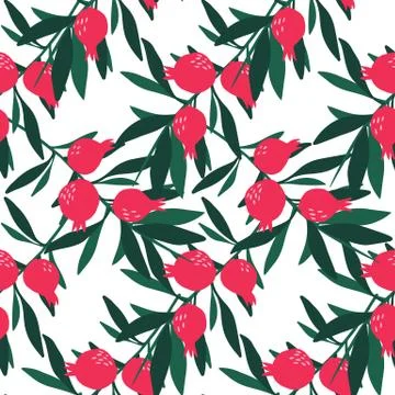 Pomegranate branch seamless pattern on white background. Stock Illustration