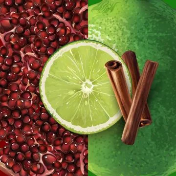 Pomegranate, cinnamon and lime Stock Illustration