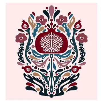 Pomegranate. Folk-style pattern, symmetrical, detailed vector element. Rustic イラスト素材