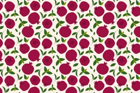 Pomegranate fruit and leaves pattern on beige background. Stock Illustration