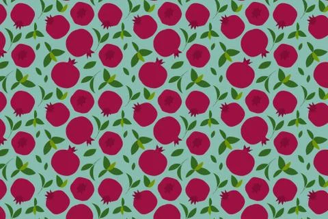 Pomegranate fruit and leaves pattern on green background. Stock Illustration