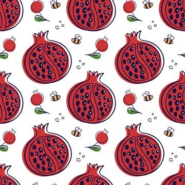 Pomegranate fruit in doodle style. Seamless pattern Stock Illustration