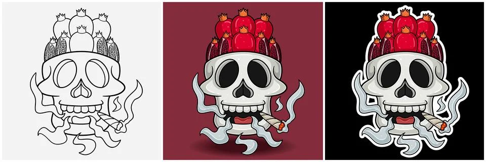 Pomegranate Fruit Inside Skull Head With Smoking Character Cartoon. Black W.. Stock Illustration