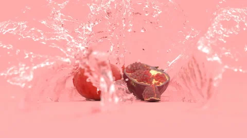 Pomegranate fruit on a red background in splashes of water Stock Footage 154218350