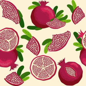 Pomegranate fruit seamless pattern. Bright leaves and fruits, seeds and lob.. 스톡 일러스트
