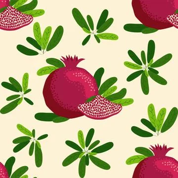 Pomegranate fruit seamless pattern. Bright leaves and fruits, seeds and lob.. Stock Illustration