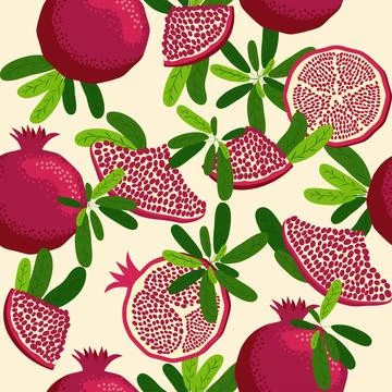 Pomegranate fruit seamless pattern. Bright leaves and fruits, seeds and lob.. Stock Illustration