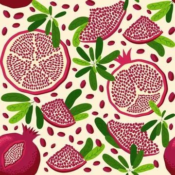 Pomegranate fruit seamless pattern. Bright leaves and fruits, seeds and lobul Stock Illustration