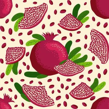 Pomegranate fruit seamless pattern. Bright leaves and fruits, seeds and lobul Stock Illustration