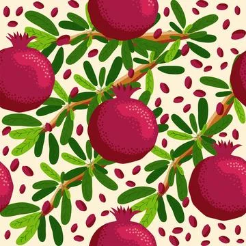 Pomegranate fruit seamless pattern. Bright leaves and fruits, seeds and lob.. Stock Illustration