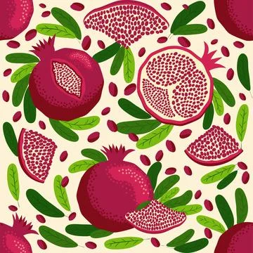 Pomegranate fruit seamless pattern. Bright leaves and fruits, seeds and lob.. Stock Illustration
