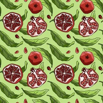Pomegranate fruit seamless pattern on green backdrop stock vector illustratio Stock Illustration