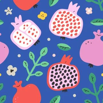 Pomegranate fruit seamless pattern, halves with leaves and seeds, hand drawn Stock Illustration