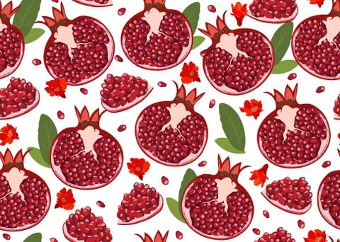 Pomegranate fruits seamless pattern and piece on white background, Fresh orga Stock Illustration