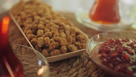 Pomegranate jam close-up on the table. Tea-drinking concept. Stock Footage 263887334