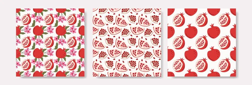 Pomegranate Seamless Pattern Set with Fresh Fruit Slices and Flowers Stock Illustration