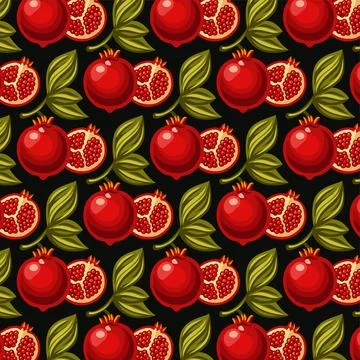 Pomegranate Seamless Pattern with Whole and Cut Fruits and Leaves Stock Illustration