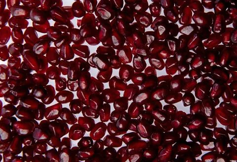 Pomegranate seeds macro texture background. Red ruby pomegranate arils close  Foto stock