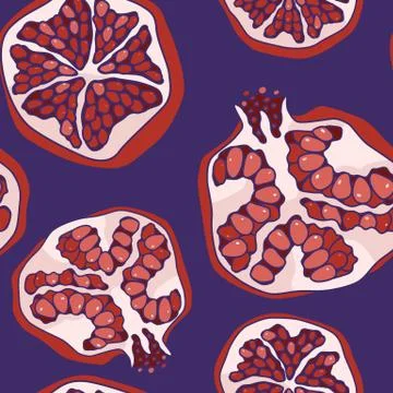 Pomegranate slices seamless pattern on violet backdrop stock vector illustrat Stock Illustration