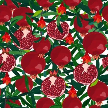 Pomegranate tree seamless pattern, branches with fruits, flowers and leaves.  Illustrazione stock