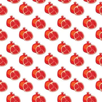 Pomegranates fruit flat seamless pattern on white background. Stock Illustration