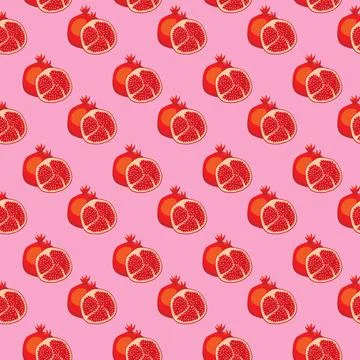 Pomegranates fruit flat seamless pattern on pink background Stock Illustration
