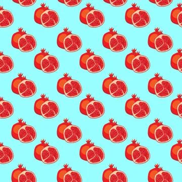 Pomegranates fruit flat seamless pattern on blue background. Stock Illustration