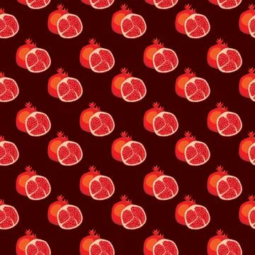 Pomegranates fruit flat seamless pattern on brown background. Stock Illustration