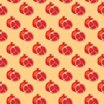Pomegranates fruit flat seamless pattern on orange background. Stock Illustration