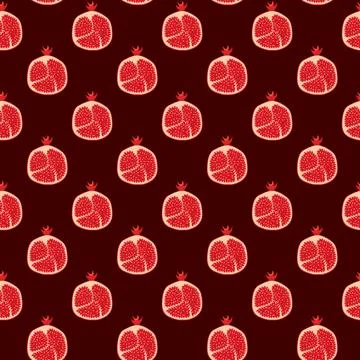Pomegranates fruit flat seamless pattern on brown background. Stock Illustration