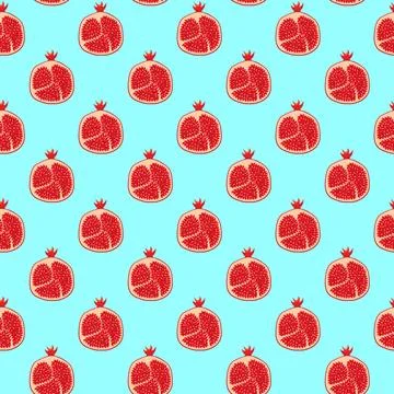 Pomegranates fruit flat seamless pattern on blue background. Stock Illustration