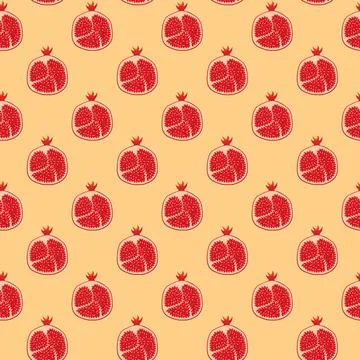 Pomegranates fruit flat seamless pattern on orange background. Illustrazione stock