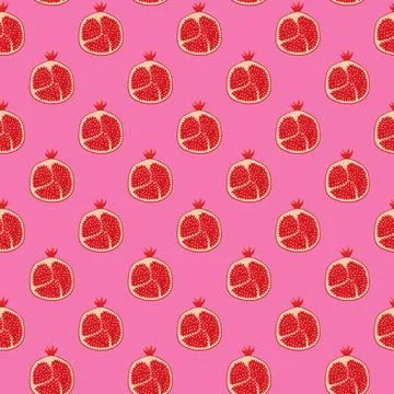 Pomegranates fruit flat seamless pattern on pink background. Stock Illustration