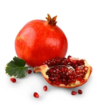 Pomegranates with fruit section isolated on white Stock Photos