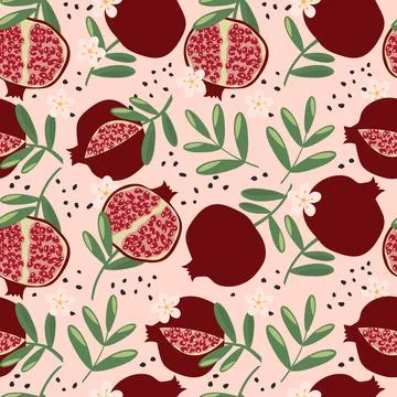 Pomegranates with leaves on a light pink background. Seamless cute fruit pattern Illustrazione stock