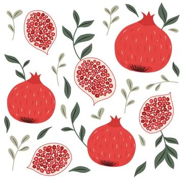 Pomegranates pattern with green leaves green branches vector illustration 스톡 일러스트