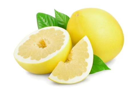 Pomelo with half and leaf isolated on white background Stock Photos