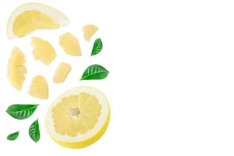 Pomelo with slice and leaf isolated on white background with copy space for your Stock Photos