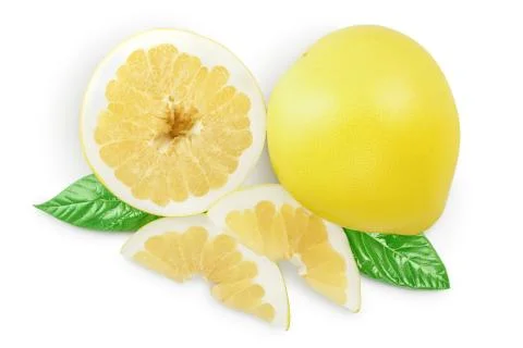 Pomelo with slice and leaf isolated on white background with clipping path and Stock Photos